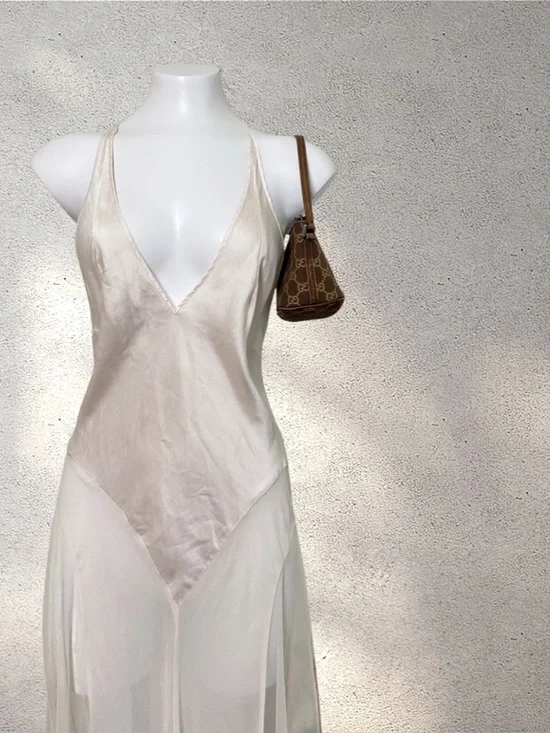 RARE VTG Victoria’s Secret 100% Silk Cream Sheer Maxi Dress - Picture 4 of 9